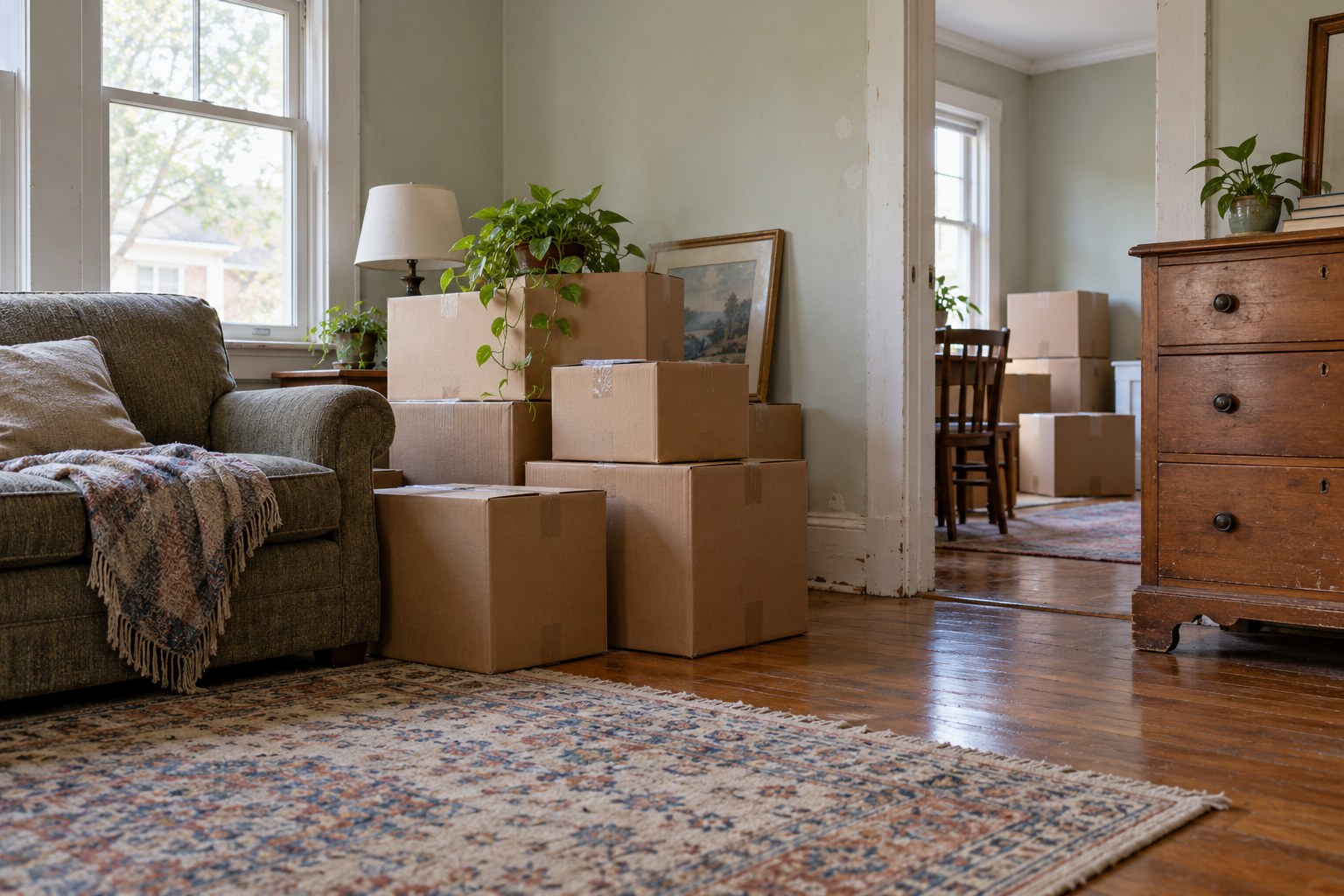Moving boxes in a living room during a household transition